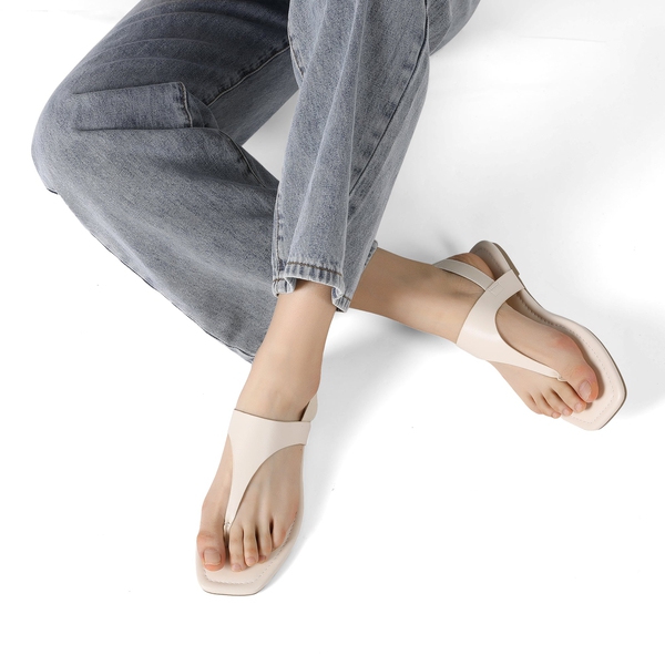 Square Toe T-Strap Flat Sandals - BEIGE WHITE - 1